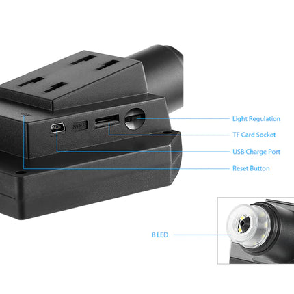 Black electronic adapter or charger component shown on a white background with blue callout lines labeling features including light regulation, TF card socket, USB charge port, reset button, and 8 LED.