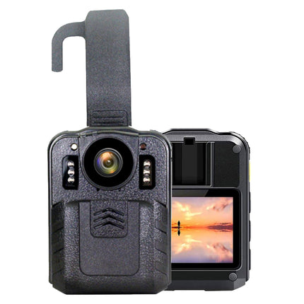 Body camera with screen displaying a sunset reflection on water, on a white background