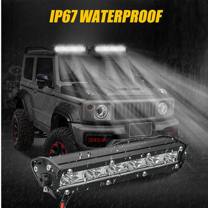 LED light bar on a vehicle with 'IP67 Waterproof' text in the rain