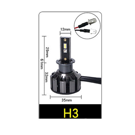 A technical product diagram of an H3 LED car light bulb with dimension markings (12mm, 35mm, 20mm, 6.1mm, 32mm) and a small inset showing the connector plug, on a white background with a black H3 label at the bottom.