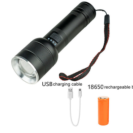 Black flashlight with USB charging cable and 18650 rechargeable battery on a white background