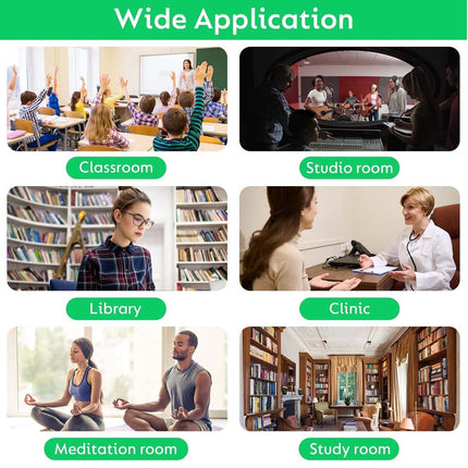 A promotional graphic with the heading 'Wide Application' and six labeled photos showing environments: Classroom, Studio room, Library, Clinic, Meditation room, and Study room.