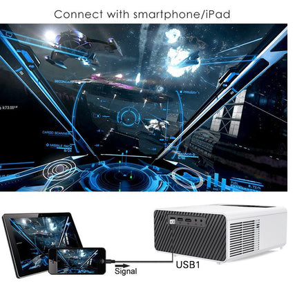 Projector connected to smartphone and iPad with futuristic interface display.