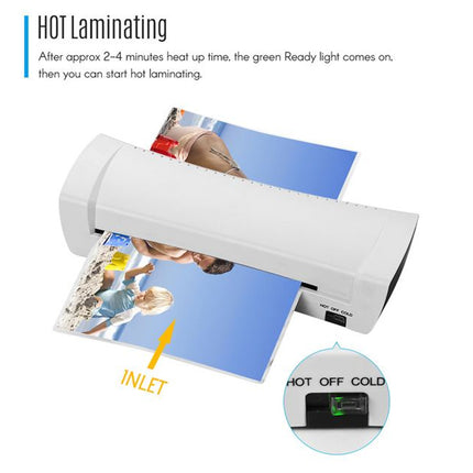 A white hot laminator shown with printed photo sheets entering the machine and instructional text explaining the hot laminating process. A small inset circle at the bottom right shows the laminator when hot off and cold on.