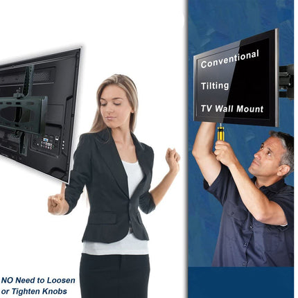 Woman holding a TV with a conventional tilting TV wall mount on a white background