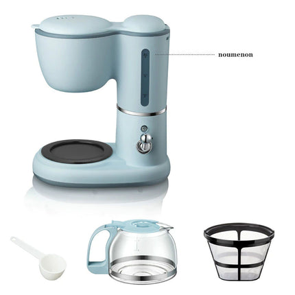 A light blue electric coffee maker with a glass carafe, shown with accessories including a white measuring scoop, a glass carafe, and a black mesh filter basket on a white background.