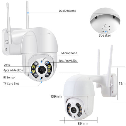 White dome security camera with dual antennas, shown with labeled callouts for features (dual antenna, speaker, microphone, lens, IR sensor, TF card slot) and dimension measurements on a light gray background.