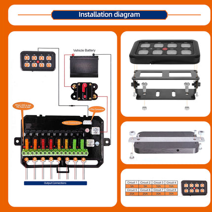 Wiring diagram and components for vehicle battery system on an orange background