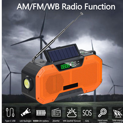 Orange emergency radio with solar panel and wind turbines in the background