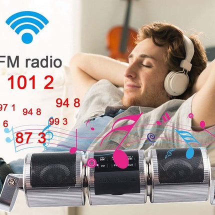 A portable FM radio speaker with three cylindrical sections, shown in front of a lifestyle background of a man relaxing and listening to white over-ear headphones. The image includes graphic overlays of a blue WiFi symbol, 'FM radio 101 2', red and pink frequency numbers, and pink and blue musical notes.