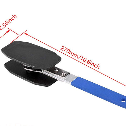 Black and blue sandwich press with measurements on a white background