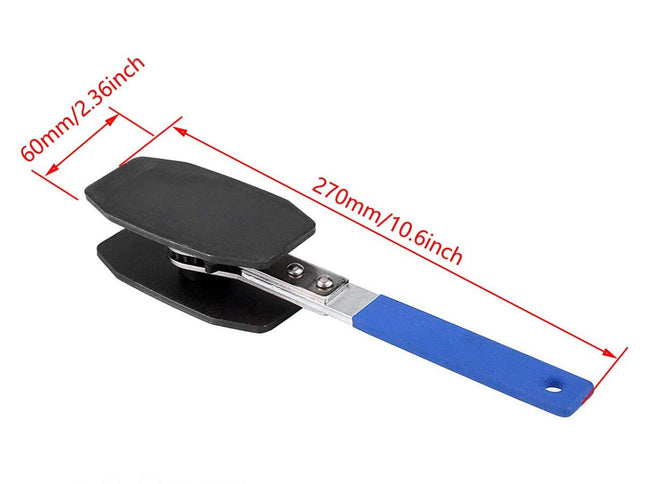 Black and blue sandwich press with measurements on a white background