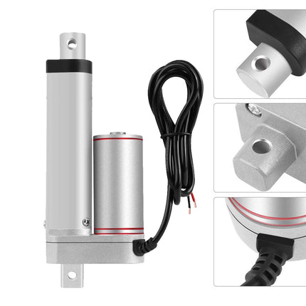 A silver and black linear electric servo motor with an attached black power cable, shown on a white background with three detail inset images on the right showing close-ups of the motor housing, mounting bracket, and cable connection.