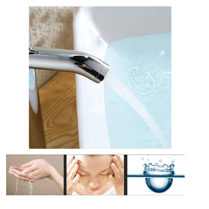 Bathroom faucet with water flowing, followed by images of hands washing and a face being washed.