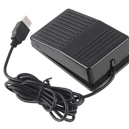 Black foot pedal with USB cable on a white background