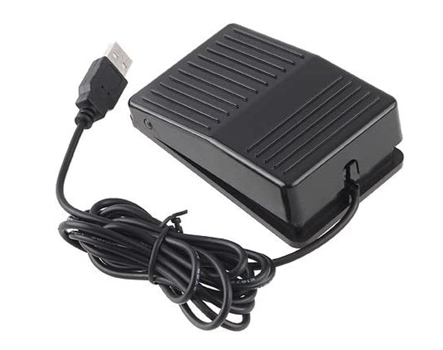 Black foot pedal with USB cable on a white background