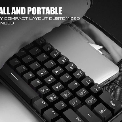 A compact black 61-key mechanical keyboard shown partially tucked into a gray zippered carrying case, with a laptop underneath. White text at the top reads 'SMALL AND PORTABLE 61-KEY COMPACT LAYOUT CUSTOMIZED ADVANCED'.