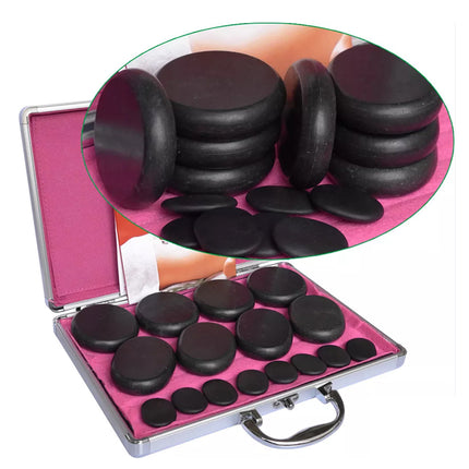 Set of black stones in a pink case with an inset showing the stones.
