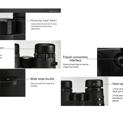 Technical diagram of a binoculars with labeled parts on a white background
