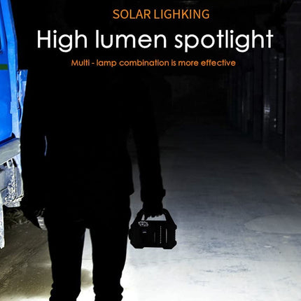 Person holding a solar-powered high lumen spotlight in a dark area