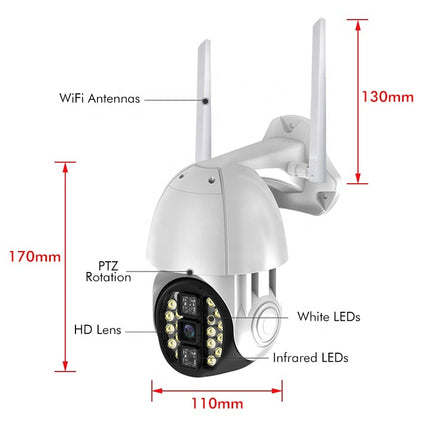 White outdoor security camera with two antennas, labeled with dimensions and parts including WiFi Antennas, PTZ Rotation, White LEDs, Infrared LEDs, HD Lens, and 170mm height and 110mm width on a light gray background.