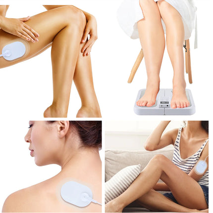 A four-panel collage showing a person using adhesive electronic leg and neck devices, including close-ups of legs with pads applied, feet on a scale, and a seated woman with one pad on her shoulder.