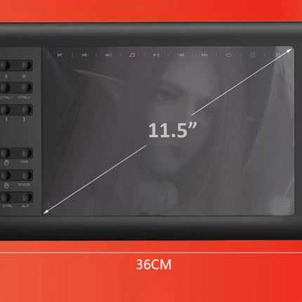 Black digital drawing tablet with dimensions on a red background