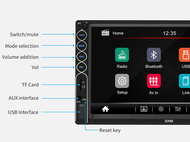 Car multimedia system with interface controls and display on a white background