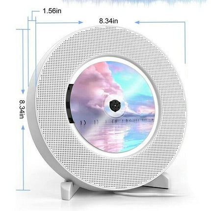 Round electronic device with dimensions labeled on a white background