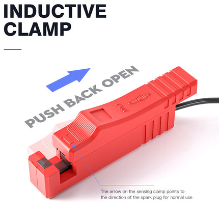 Red inductive clamp with text and arrow on a white background