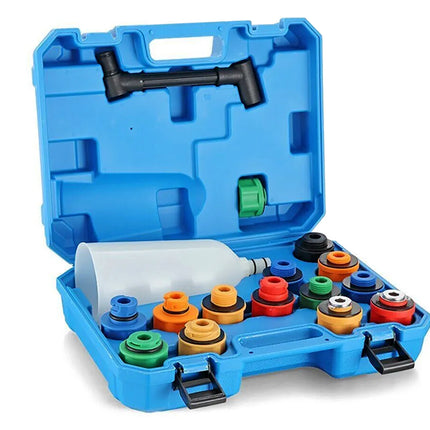 Blue tool case with plumbing connectors and tools on a white background