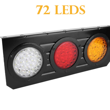 A rectangular black LED light bar with three circular lenses: white/silver on the left, red in the center, and amber/yellow on the right. The text '72 LEDS' appears above in orange on a plain white background.