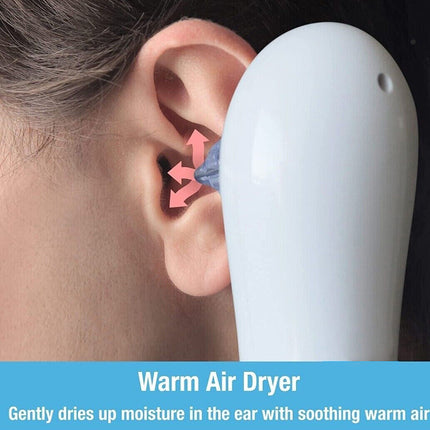Ear cleaning tool with warm air dryer being used on an ear, showing moisture removal.