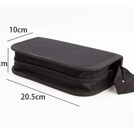 Black pouch with dimensions labeled on a white background