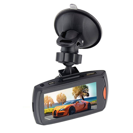 Car dashboard camera with screen displaying a car on a road, mounted on a white background.