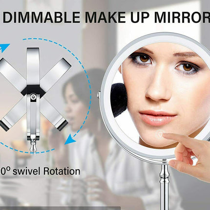 Dimmable makeup mirror with 360-degree swivel rotation feature, showing a person using it.