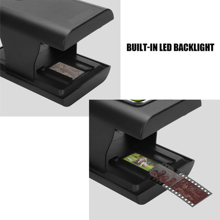 Film scanner with a built-in LED backlight scanning a film strip.