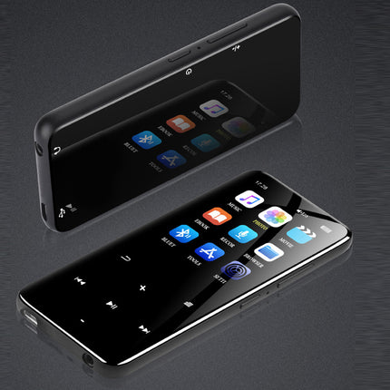 Two black portable Bluetooth speakers shown at an angle on a dark textured background, one displaying its screen with colorful app icons.