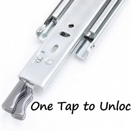 Metallic device with a lever and text 'One Tap to Unlock' on a white background