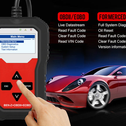 Car diagnostic tool for Mercedes-Benz with a red car in the background