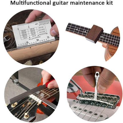 Multifunctional guitar maintenance kit shown in four circular inset photos: a metal fretboard gauge, a wood tone gauge on a guitar neck, a string-level gauge tool, and a small screwdriver for the headstock. The top text reads 'Multifunctional guitar maintenance kit' on a white background.