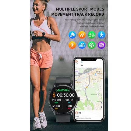 Smartwatch and phone app displaying fitness tracking features with a woman exercising in the background.