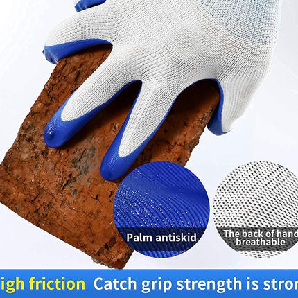 Glove with blue palm and textured back, showing high friction and grip strength.