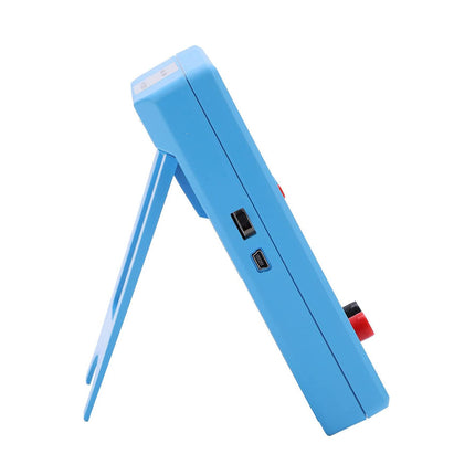 Blue electronic device with a stand on a white background