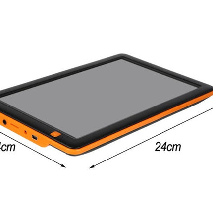 Orange and black electronic device with dimensions labeled on a white background