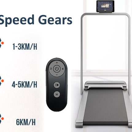 Treadmill with remote control and speed gear indicators on a white background