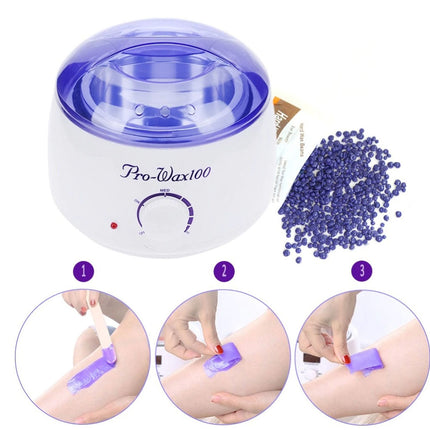 Pro-Wax100 waxing machine with blue wax and step-by-step instructions on a white background