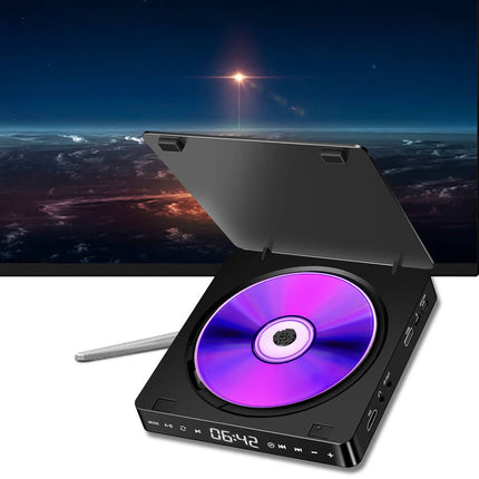 Black DVD player with a purple disc on a white background