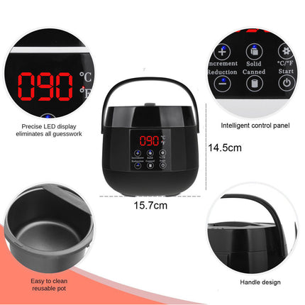 Black rice cooker with digital display and control panel, showing features like LED display, control panel, and dimensions.