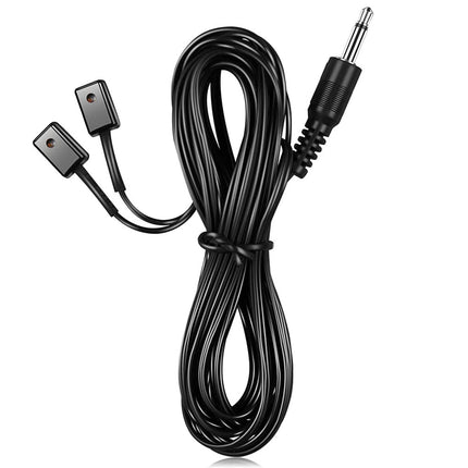 Black audio cable with connectors on a white background